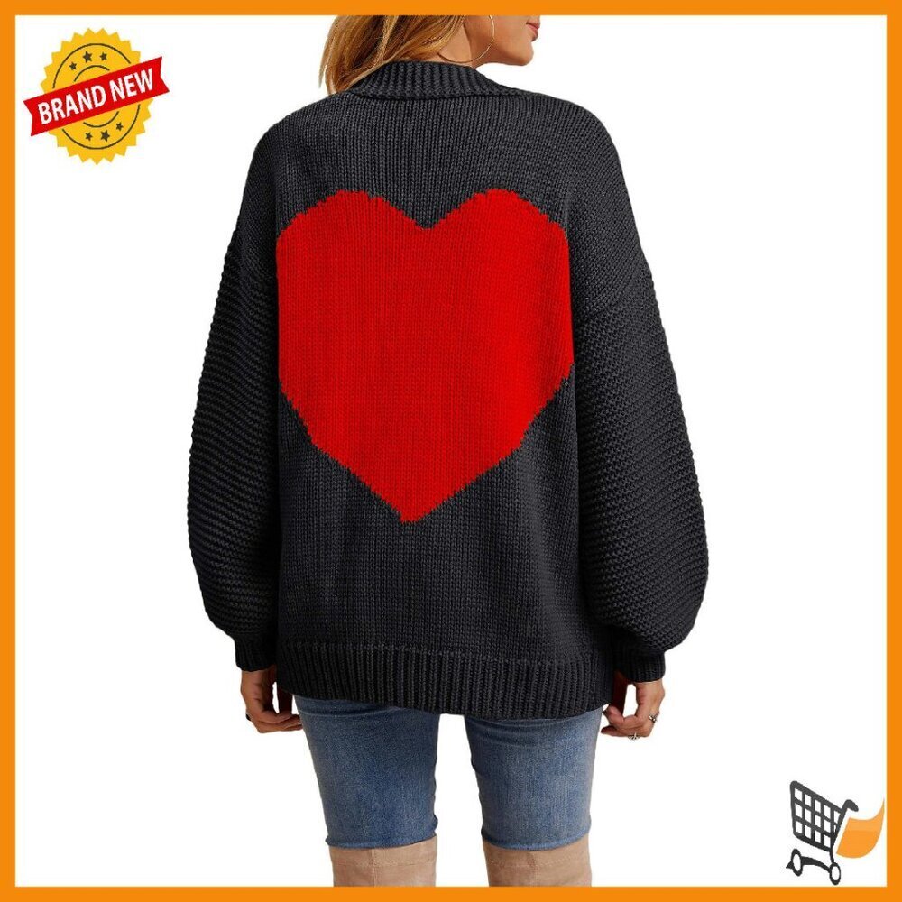 Chunky Knit Heart Patch Cardigan Long Sleeve Oversized Sweater Valentine